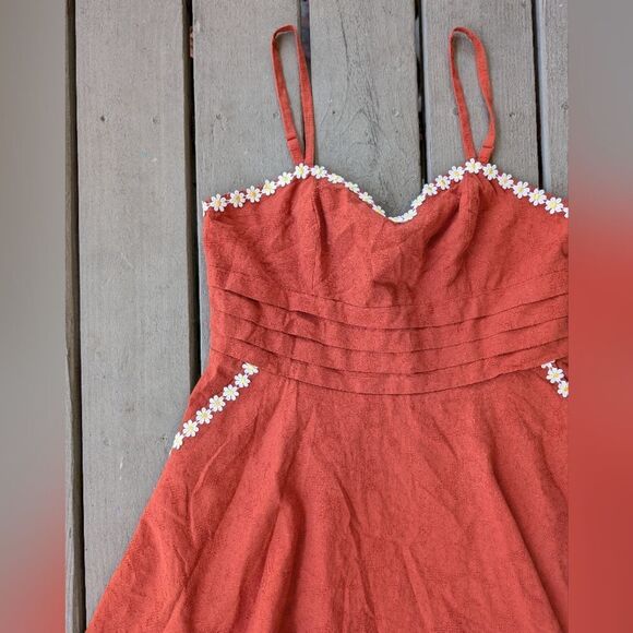 Unique Vintage Burnt Orange Daisy Chain Fit & Flare Mini Dress 14‎ Retro 1950s - Picture 2 of 8
